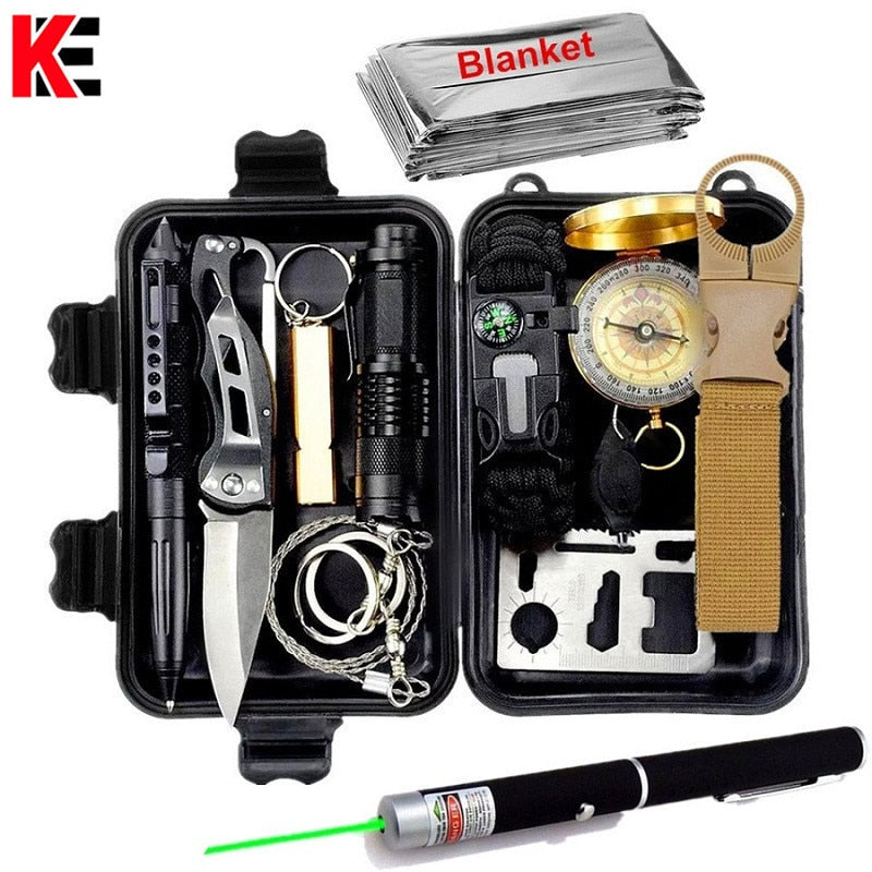 Survival kit set military outdoor travel mini camping tools aid kit emergency multifunct survive Wristband whistle blanket knife windfallheights