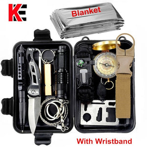 Survival kit set military outdoor travel mini camping tools aid kit emergency multifunct survive Wristband whistle blanket knife windfallheights