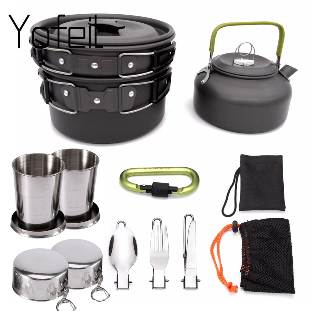 1 Set Outdoor Pots Pans Camping Cookware Picnic Cooking Set Non-stick Tableware  With Foldable Spoon Fork Knife Kettle Cup windfallheights